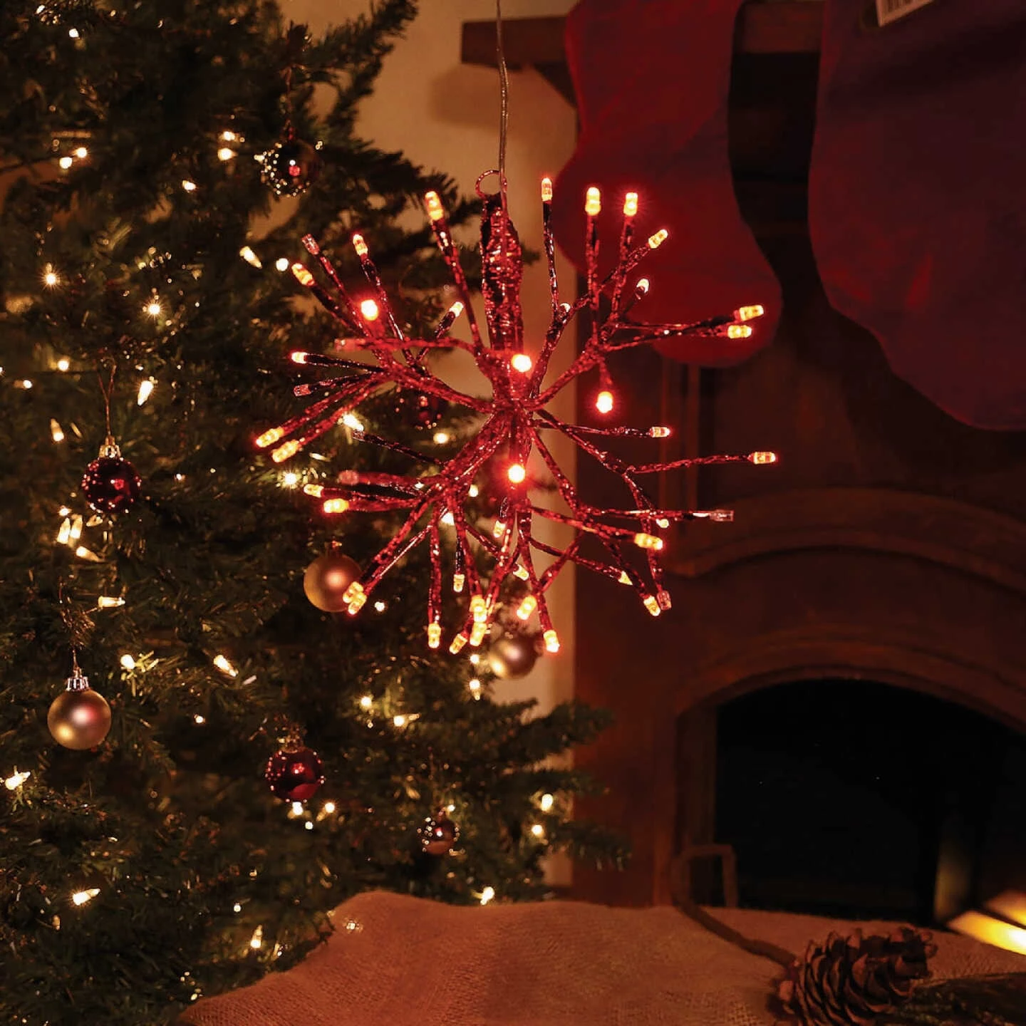 Alpine 10 In. LED 48-Bulb Red Hanging Twig Snowflake Ornament Light Decoration 4 Alpine 10 In. LED 48-Bulb Red Hanging Twig Snowflake Ornament Light Decoration - Image 2