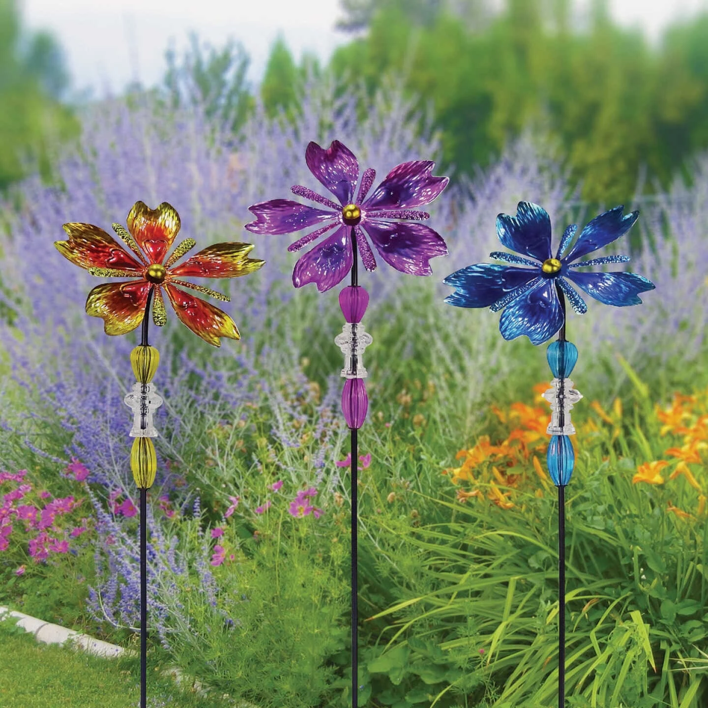 Alpine 37 In. H. Colorful Glass Flower & Gem Wind Spinner Stake 4 Alpine 37 In. H. Colorful Glass Flower & Gem Wind Spinner Stake - Image 2