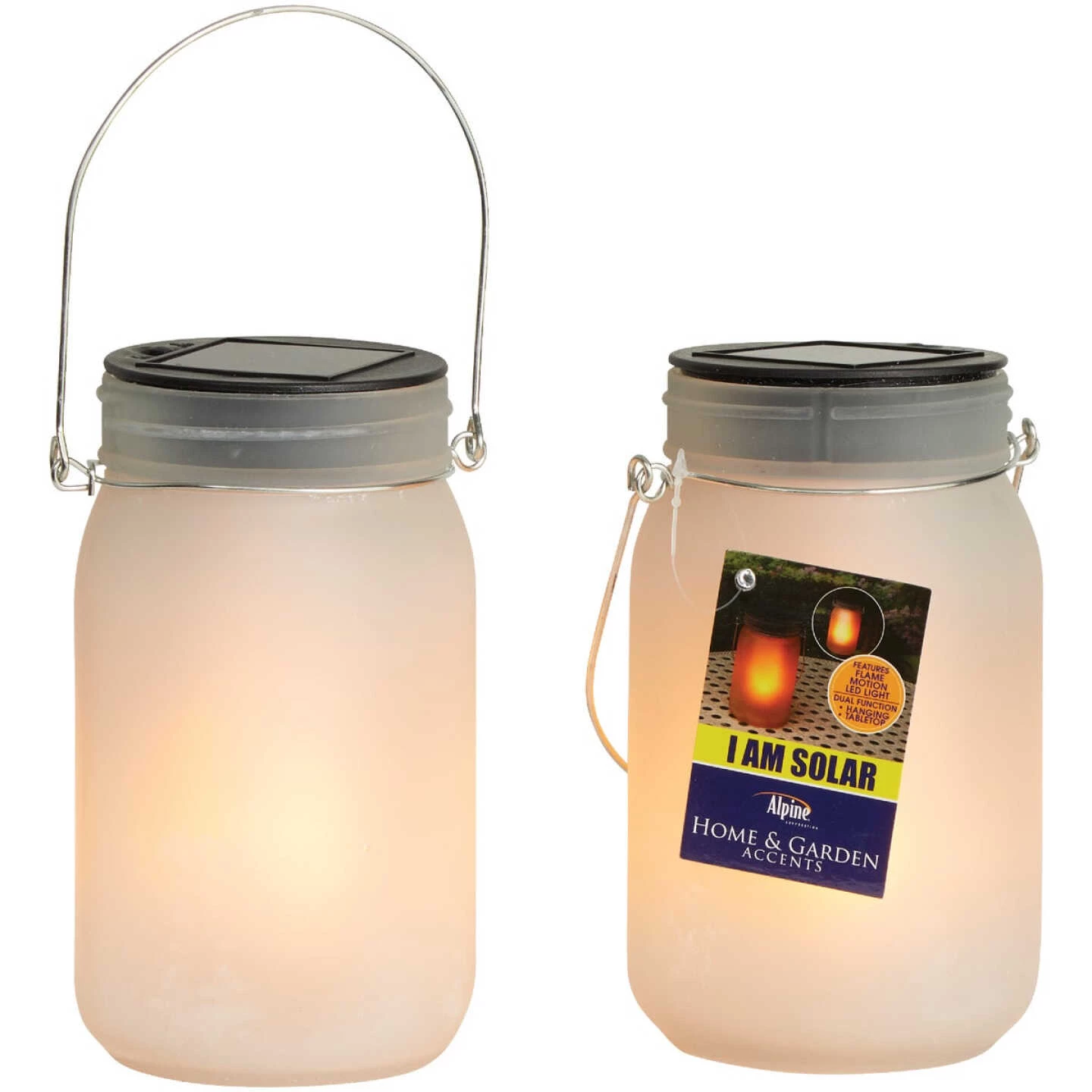 Alpine 4 In. Dia. Dancing Flame LED Solar Glass Jar Patio Lantern (Set Of 2) 3 Alpine 4 In. Dia. Dancing Flame LED Solar Glass Jar Patio Lantern (Set Of 2)