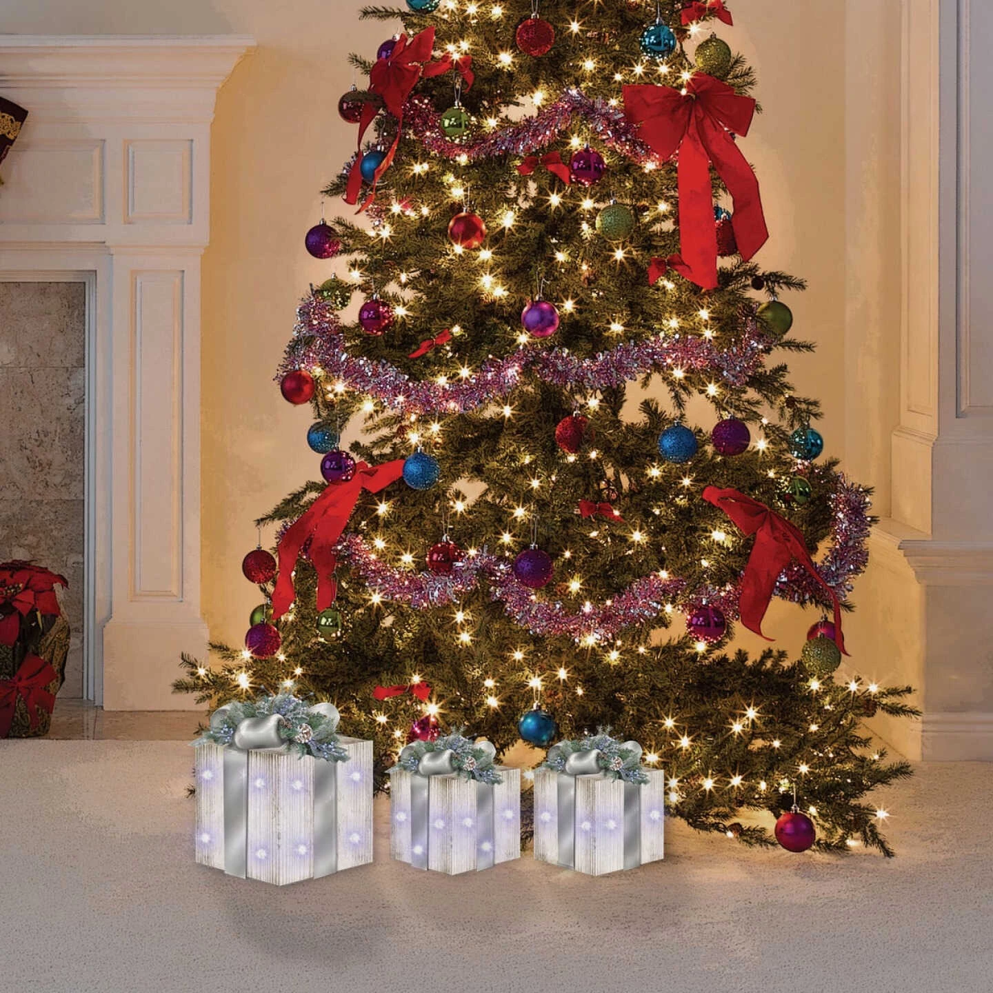 Alpine Cool White LED Distressed Wood With Silver Ribbon Christmas Gift Box Set (3-Piece) 4 Alpine Cool White LED Distressed Wood With Silver Ribbon Christmas Gift Box Set (3-Piece) - Image 2