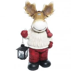 Alpine 10 In. H. Holiday Moose In White Sweater With Lantern
